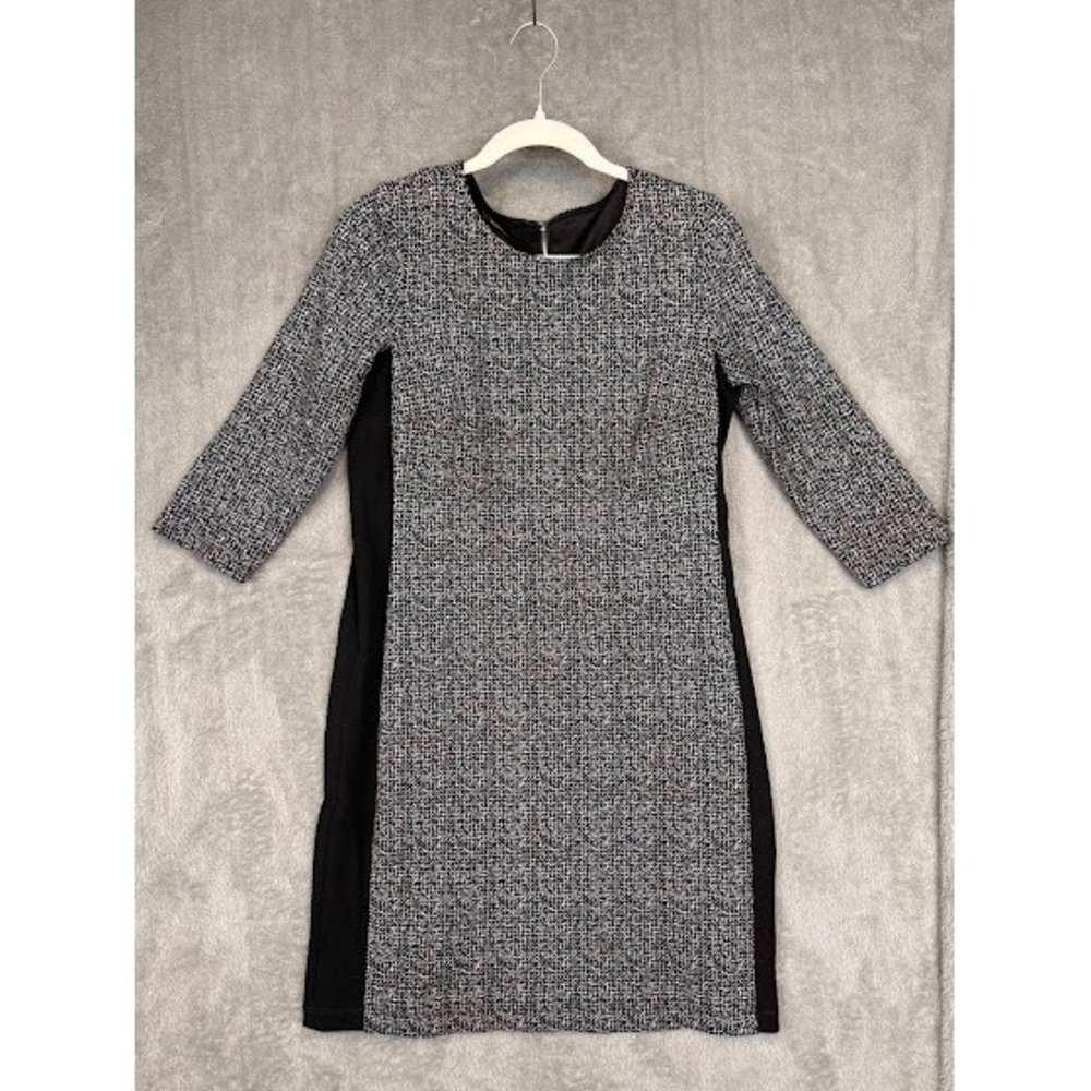 Alyx Womens Sheath Dress Black White Pattern 3/4 Sleeve‎ Slimming Side Panels 6